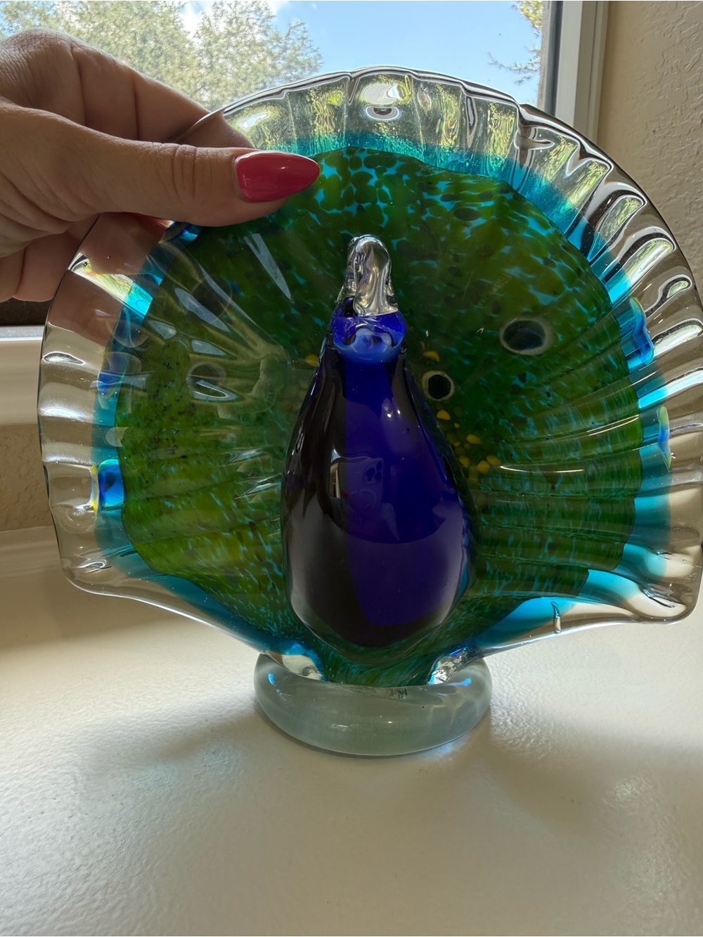 Peacock Art Glass Bird Sculpture - Beautiful Blue & Green Heavy No Flaws - Picture 5 of 8